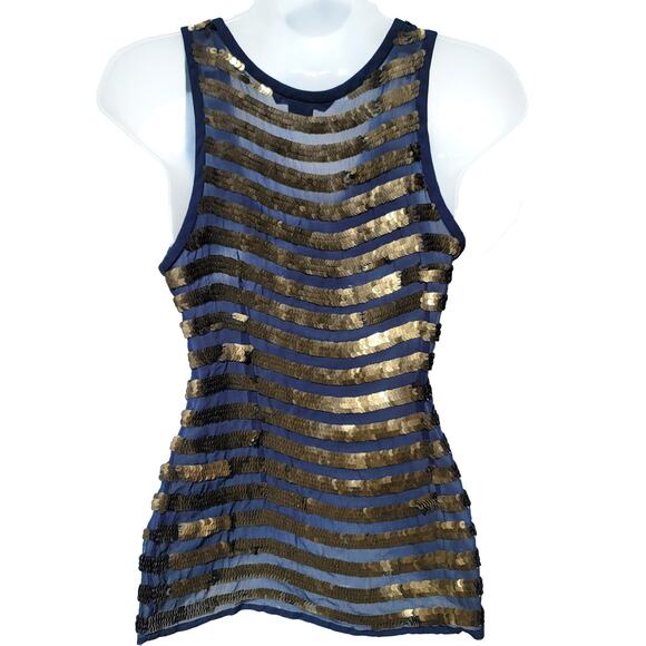 FRENCH CONNECTION Size 2 Navy Sheer Bronze Sequin Cocktail Party Prom Tank Top - Picture 3 of 6